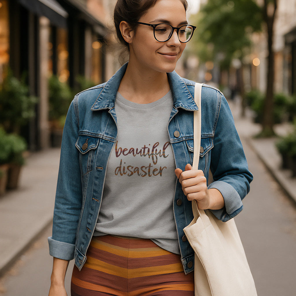 Woman walking on a street wearing a denim jacket, graphic t-shirt, and colorful leggings.