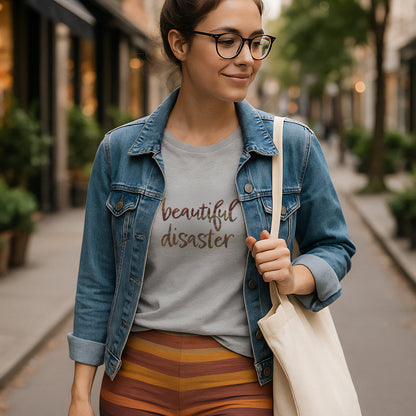 Woman walking on a street wearing a denim jacket, graphic t-shirt, and colorful leggings.