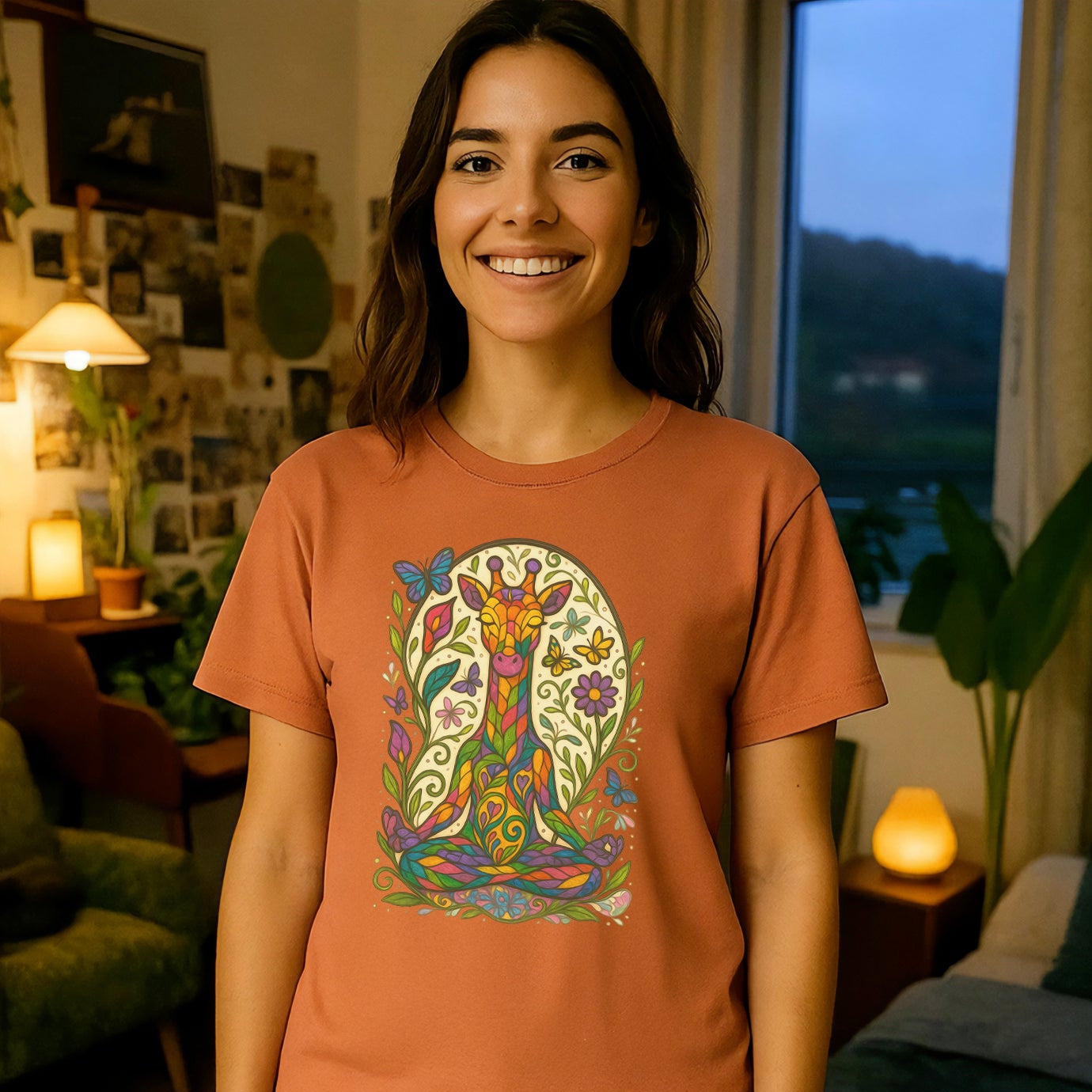 Woman wearing a brown t-shirt with a colorful design in a cozy living room.
