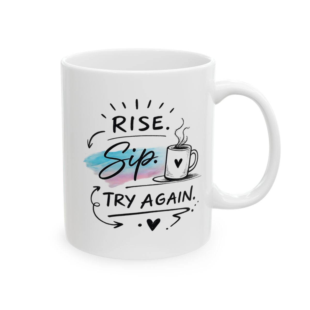 White mug with motivational quote and coffee cup illustration on a white background