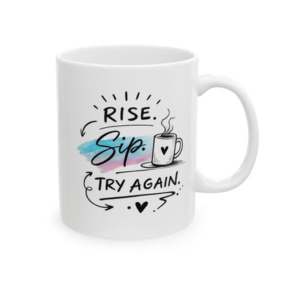 White mug with motivational quote and coffee cup illustration on a white background